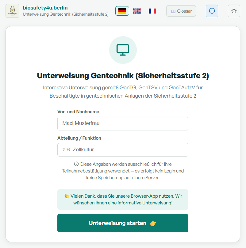 (c) 2026 biosafety4u.berlin GmbH. Das Bild ist urheberrechtlich geschützt. Welcome Screen der Browser App Bildschirmarbeitsplätze