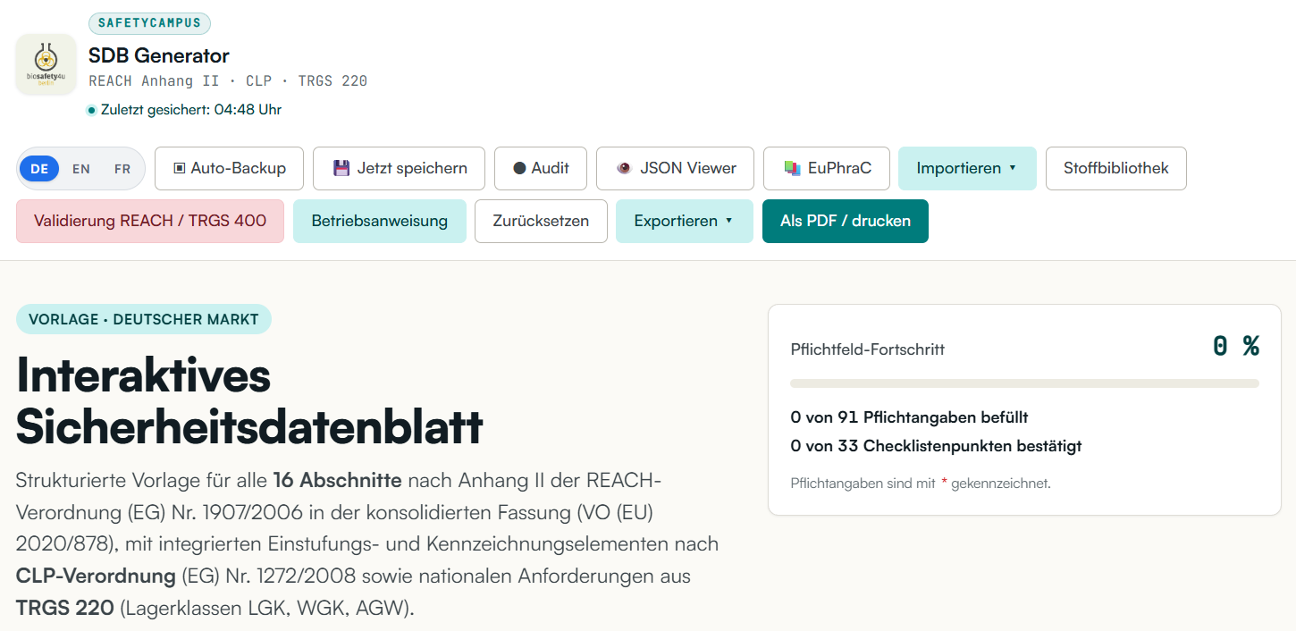 Welcome Screen der Browser App SDB Generator