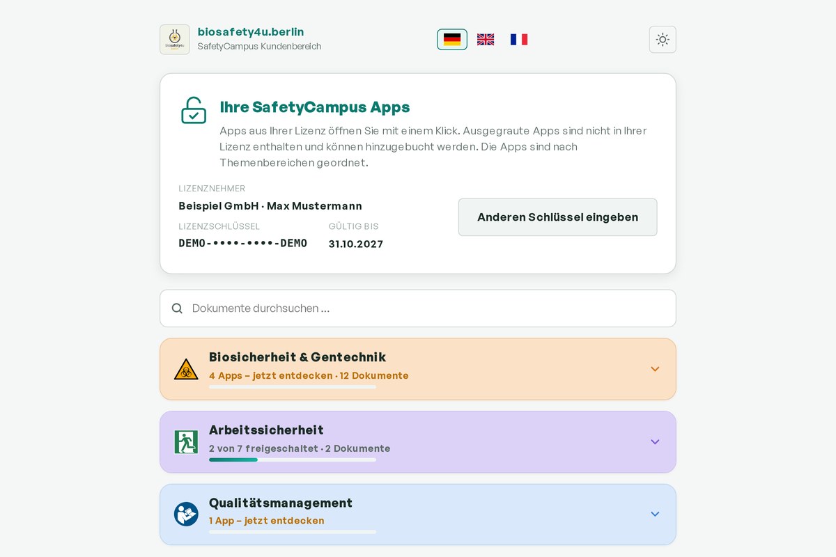 SafetyCampus Kundenbereich mit Apps und Dokumenten, geordnet nach Biosicherheit, Arbeitssicherheit und Qualitätsmanagement