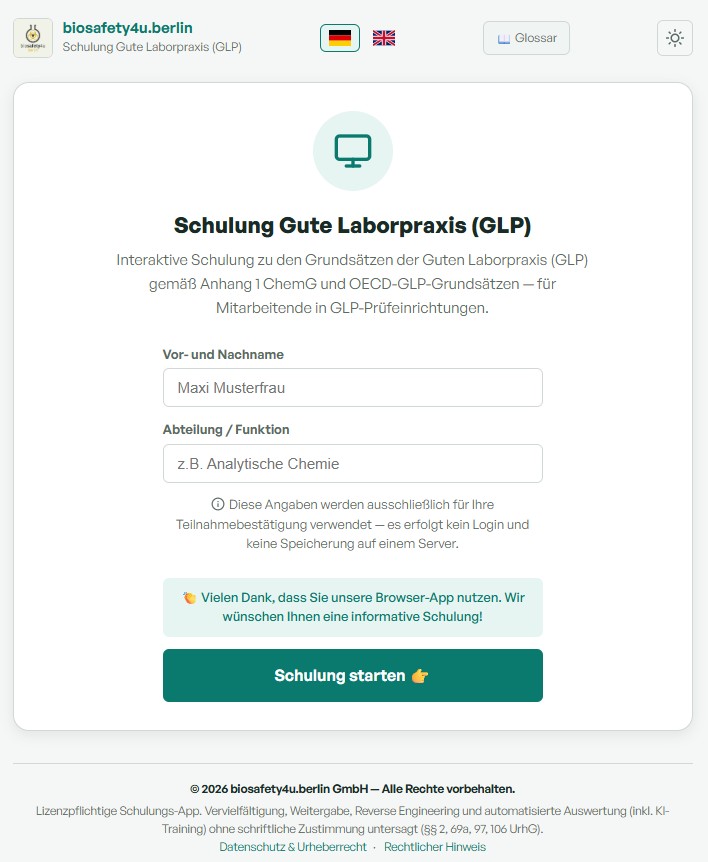 (c) 2026 biosafety4u.berlin GmbH. Das Bild ist urheberrechtlich geschützt. Welcome Screen der Browser App Gute Laborpraxis (GLP)